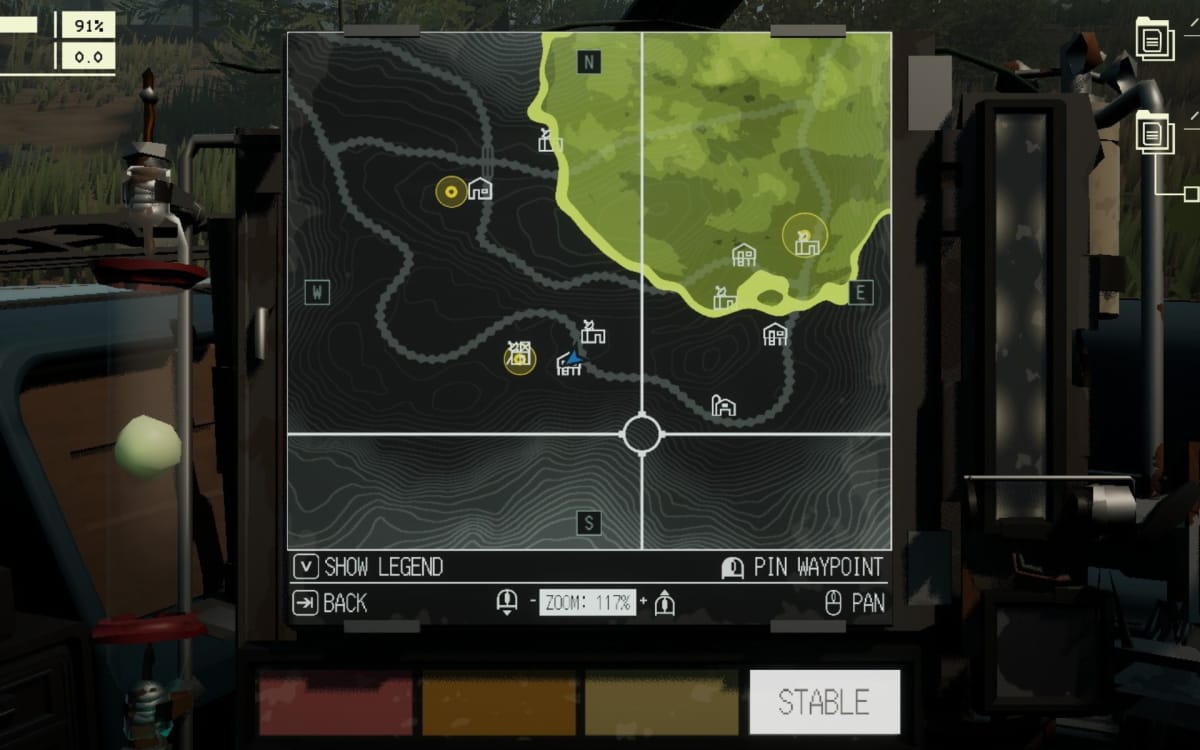 Pacific Drive screenshot showing a map with a giant green whirlpool on the screen