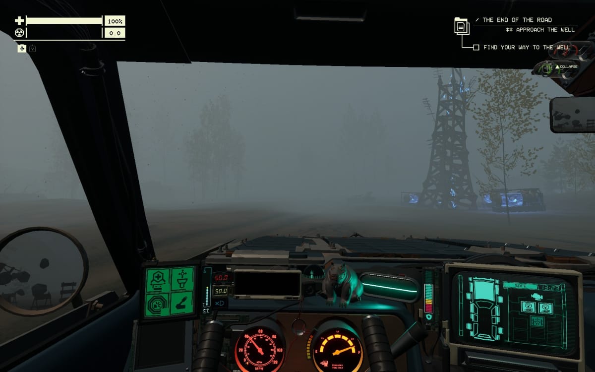 Pacific Drive screenshot showing a misty highway with a broken power pylon nearby sparking with blue energy