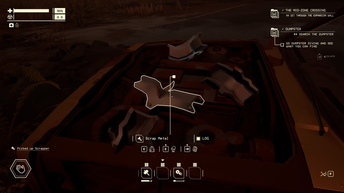 pacific drive screenshot showing a piece of scrap metal lying on the top of a rusted old car left abandoned in the street