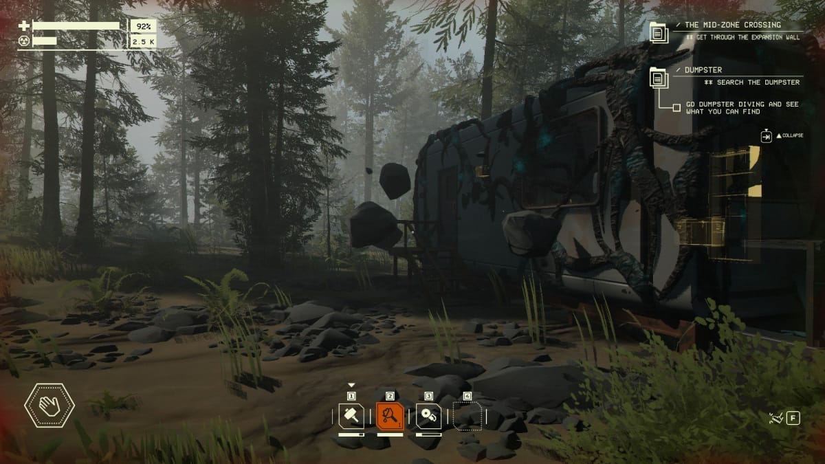 pacific drive screenshot showing a trailer covered in weird tentacles and surrounded by floating rocks
