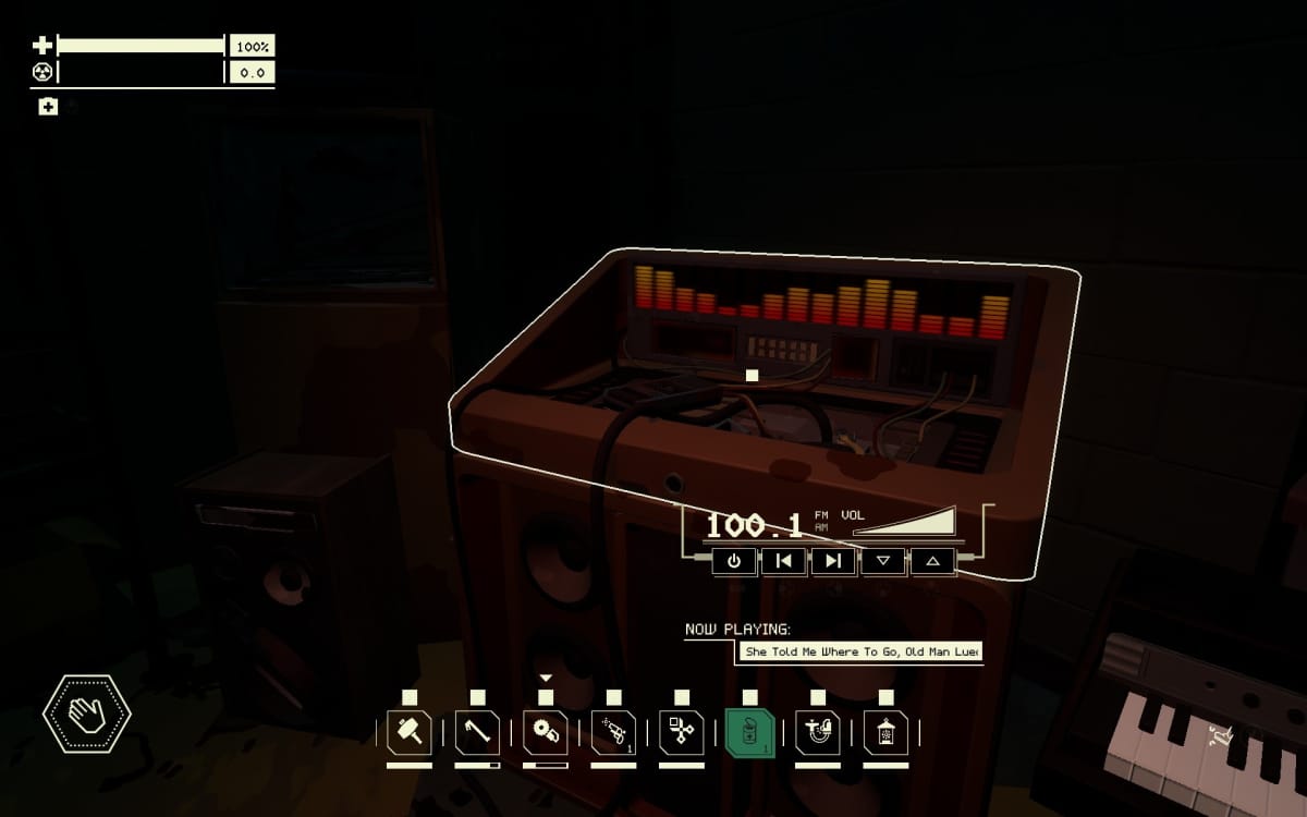 Pacific Drive screenshot showing an old-school looking synth machine playing the radio