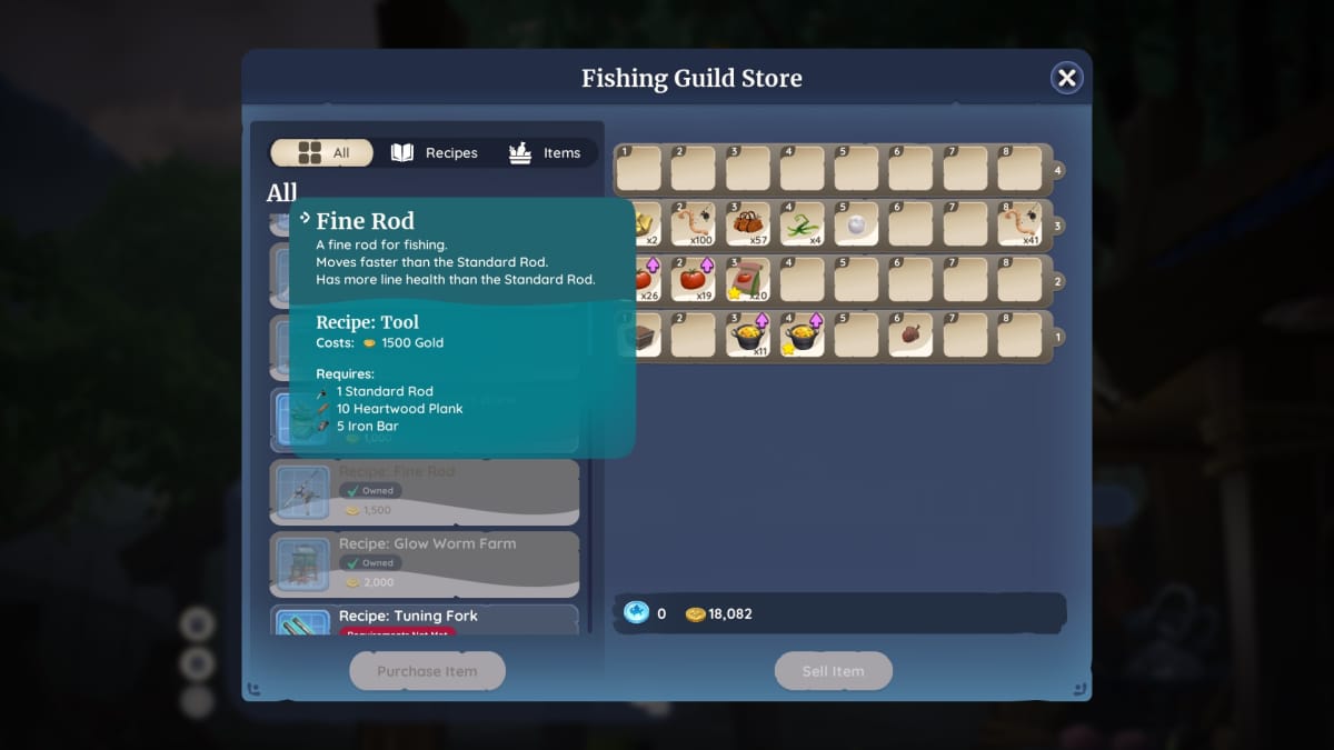 The Fishing Guild Store, highlighting the Fine Rod recipe.