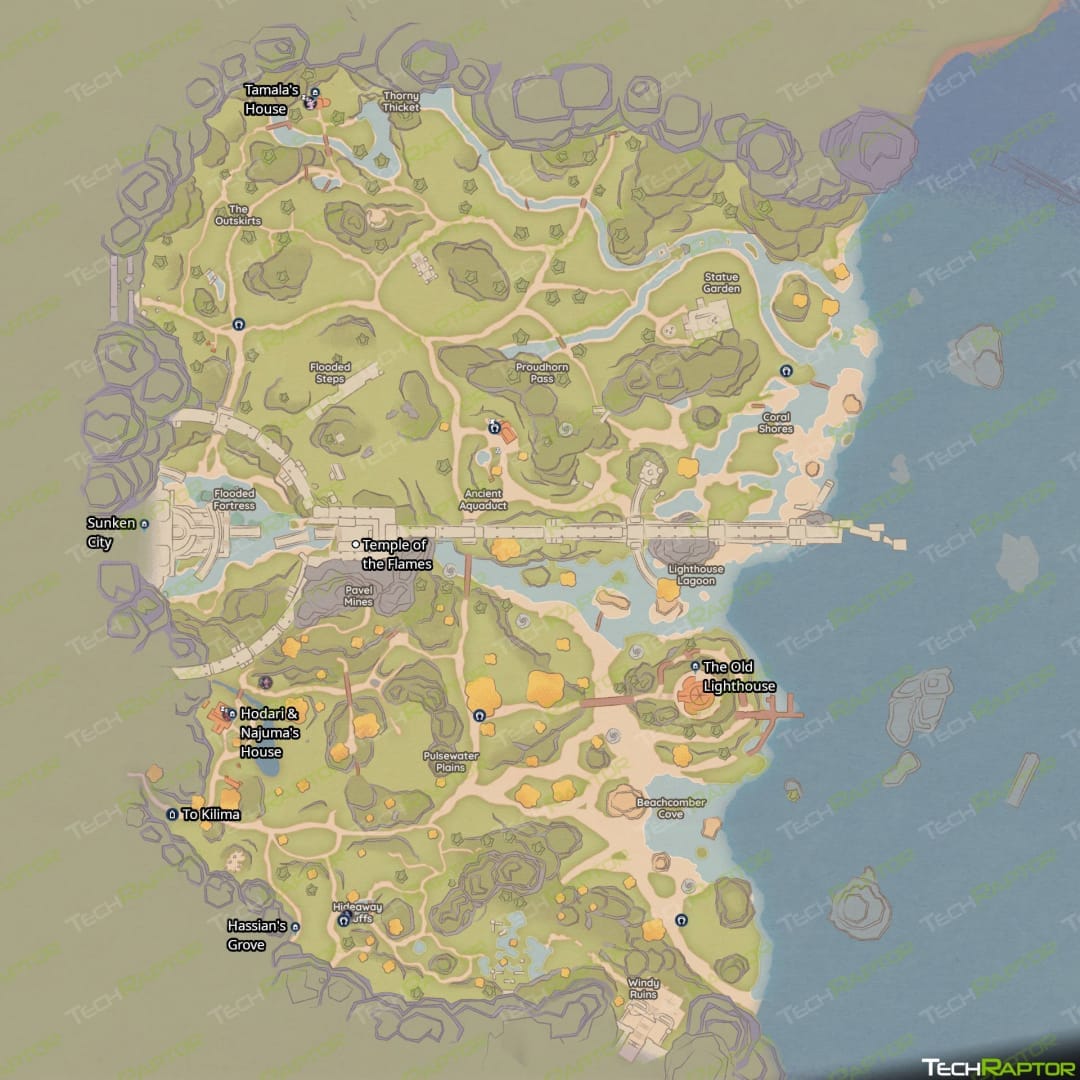Palia Map and Locations Guide - Bahari Bay Map with House Locations TechRaptor Watermark v2