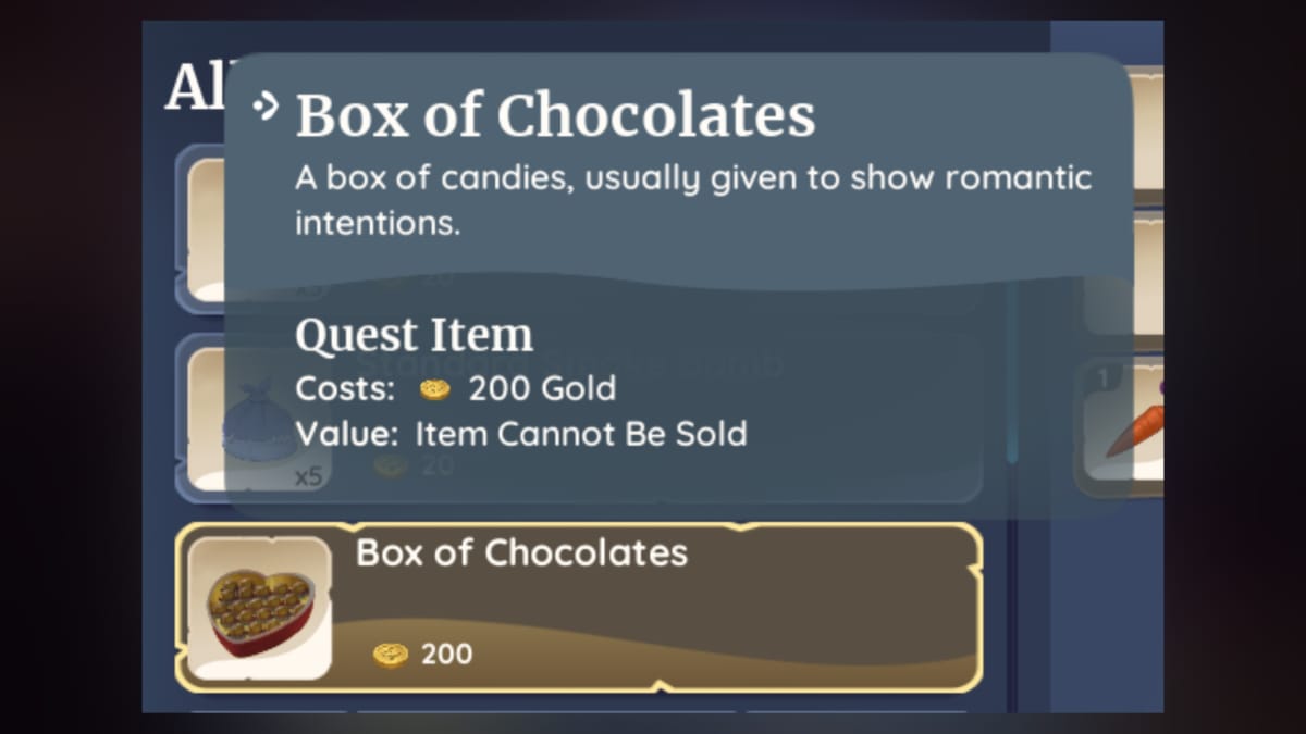 Palia screenshot of an item information box showing the details of a box of chocolates relationship item