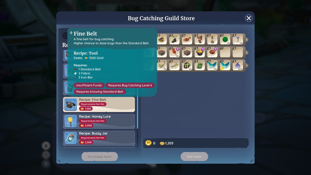 Palia screenshot of the bug catching guild store with an item window up for the Fine Belt item