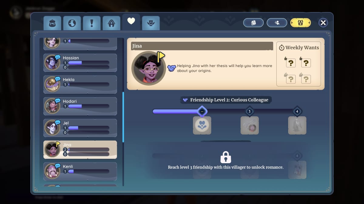 palia screenshot of the relationship menu showing a players relationship level with Jina