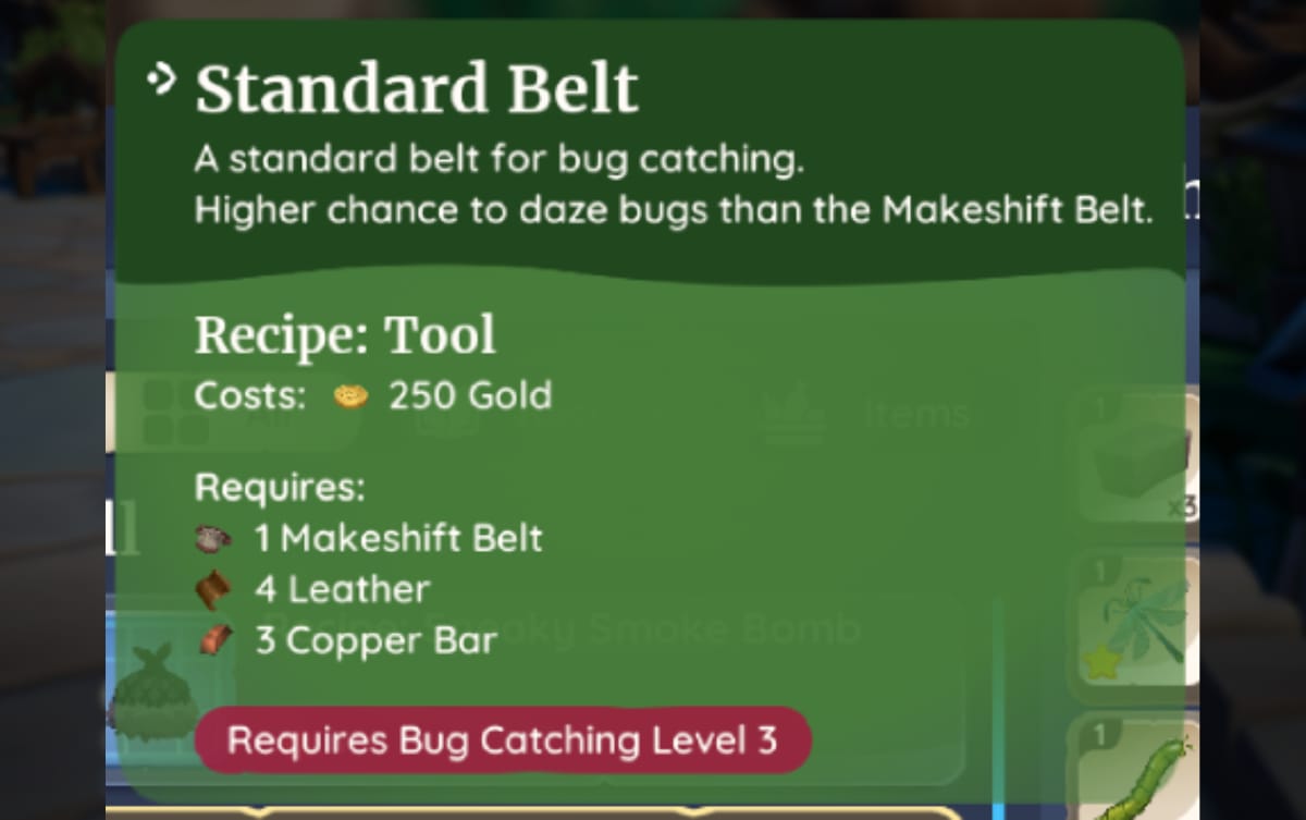Palia screenshot of the Standard Belt recipe screen and information panel