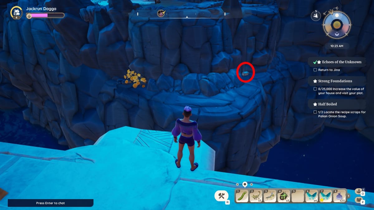 Palia screenshot showing a character looking down from a ledge at another rocky ledge with some plants adn a chest on it