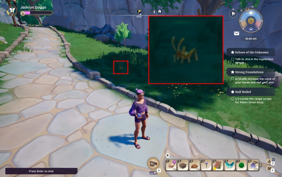 Palia screenshot showing a character standing in front of a grassy area with a cricket-like bug highlighted by an annotation