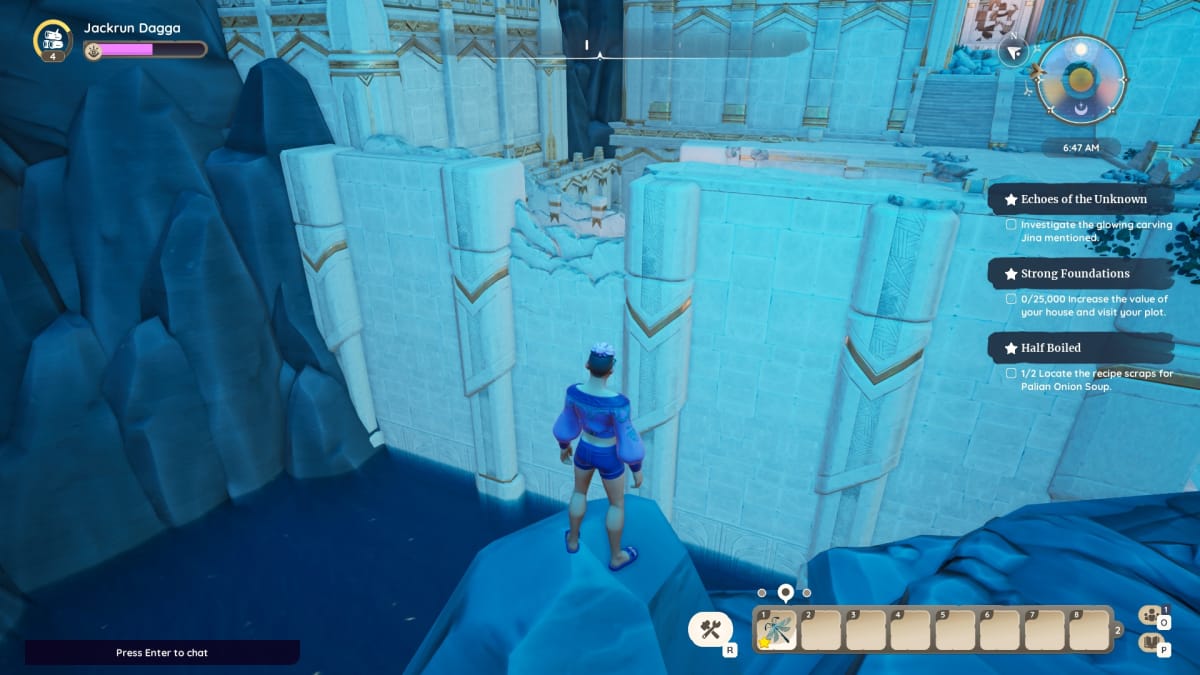 Palia screenshot showing two character standing around inside an ancient ruin waiting for the player