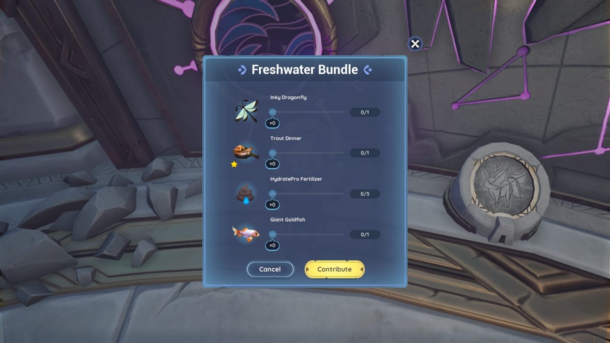 Palia screenshot showing the Freshwater Bundle contribution screen