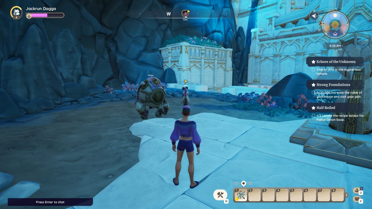 Palia screenshot showing two character standing around inside an ancient ruin waiting for the player
