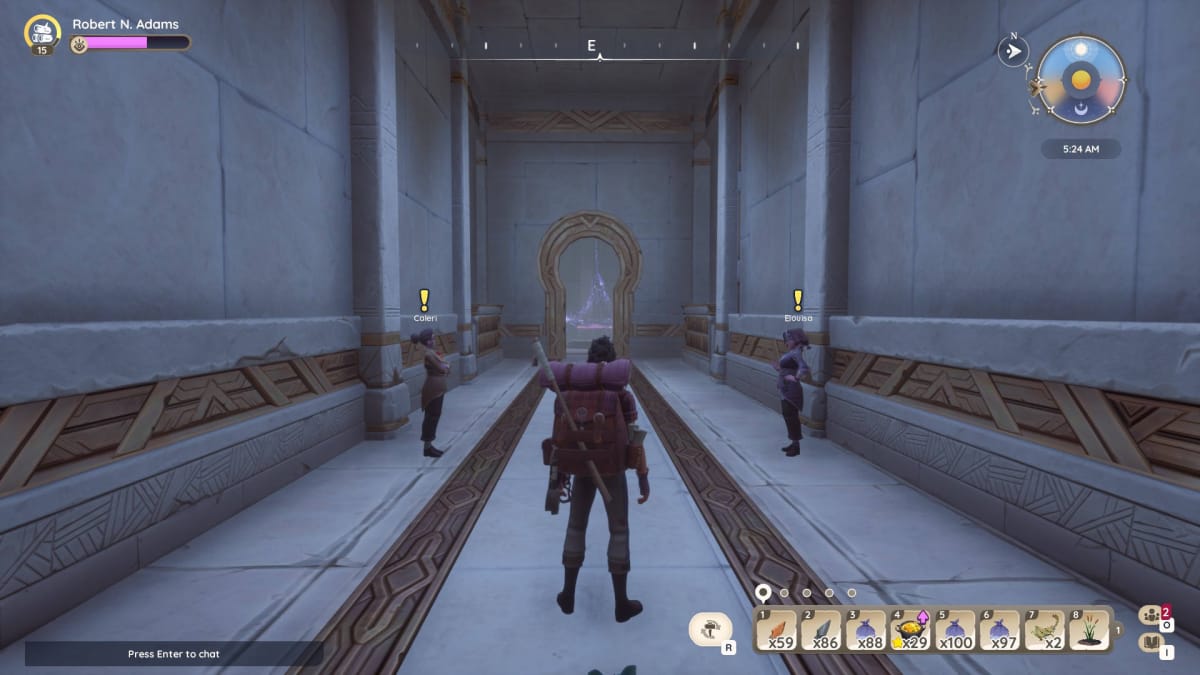 Caleri and Elouisa Standing in the Temple of the Vales Entrance Hallway - Palia Silver-Winging It Quest Guide