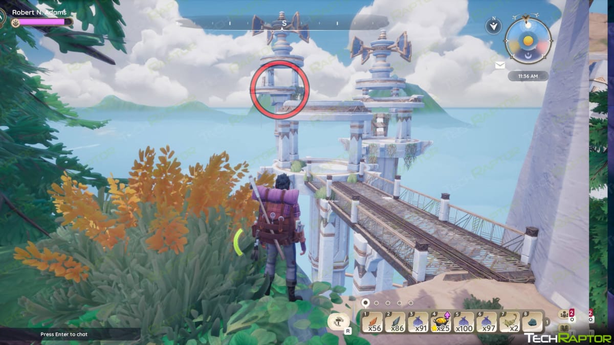 The third Ancient Cloudminnow location circled in red in Palia's Temple of the Vales