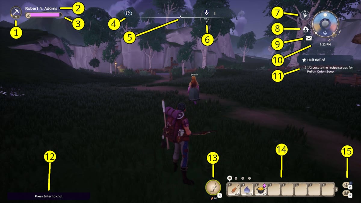 Palia Starter Guide - HUD Explanation Standing in a field in Kilima while Delaila Walks Along a Path