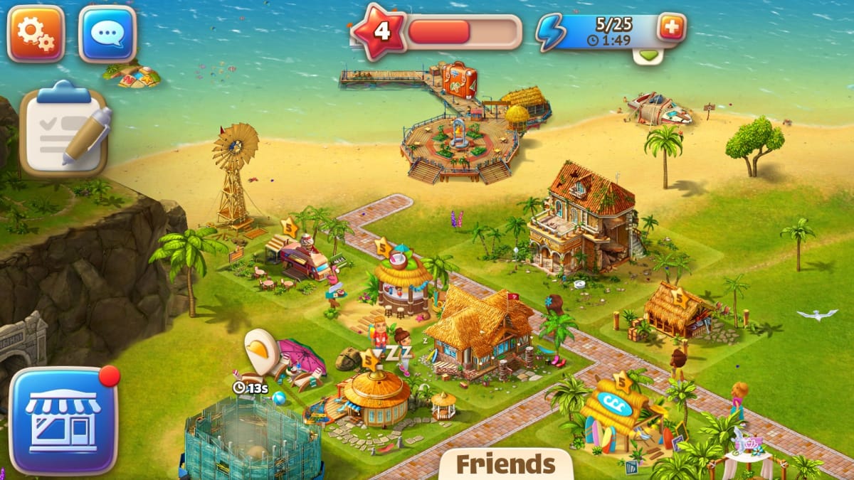Paradise Island 2 Screenshot showing a generic mobile city builder with a tropical island theme
