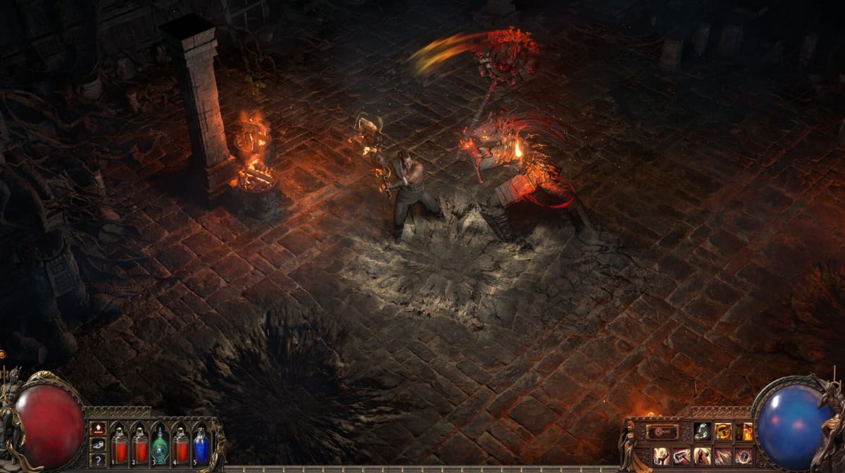 A fierce battle between a hero and enemy in Path of Exile 2