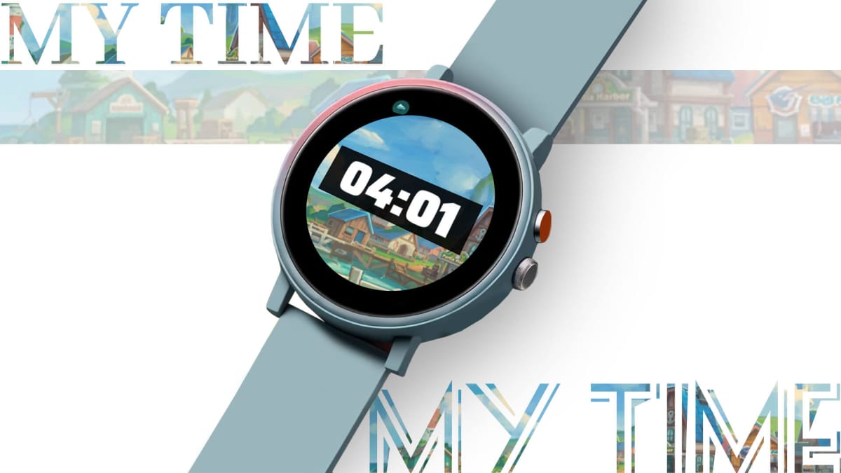 A smartwatch displaying a shot of the so-called Pathea Games title My Time, which is an April Fools' Day 2024 gag