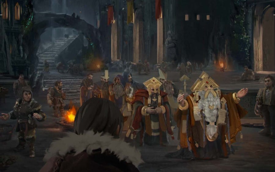 A group of dwarves, all adorned in jewelry and holy robes, processing through a busy underground city street