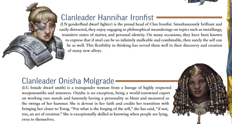 Profile artwork of Clanleader Hannihar Ironfist and Clanleader Onisha Molgrade. Bodies of text can be seen besides them