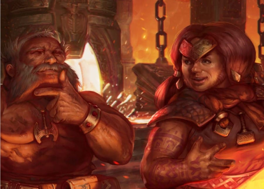 Artwork of two dwarves in a large forge. The image is drenched in orange from the heat of the forge.