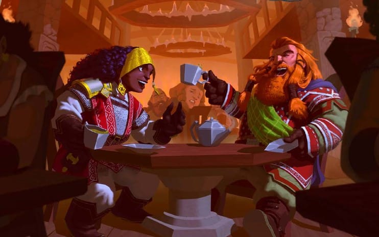 Two dwarves in a busy tavern, holding tankards of ale and laughing