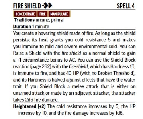A screenshot of the spell Fire Shield as shown in the Pathfinder Remaster preview