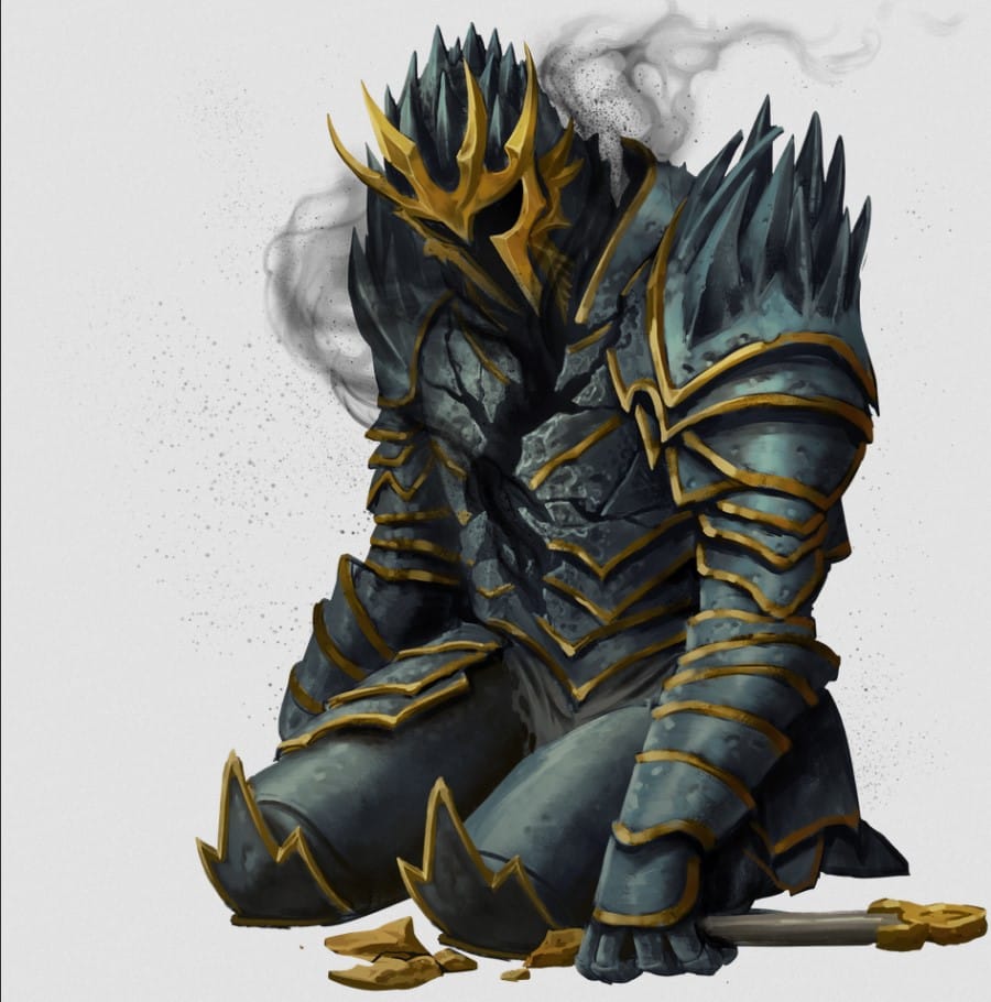 Artwork of the Gorum, the god of battle, lying dead as part of the event Pathfinder War of Immortals