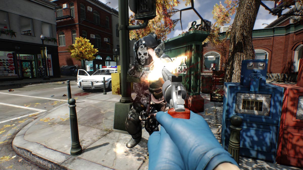 The player shooting a riot cop with a pistol in the street in Starbreeze Studios' Payday 2