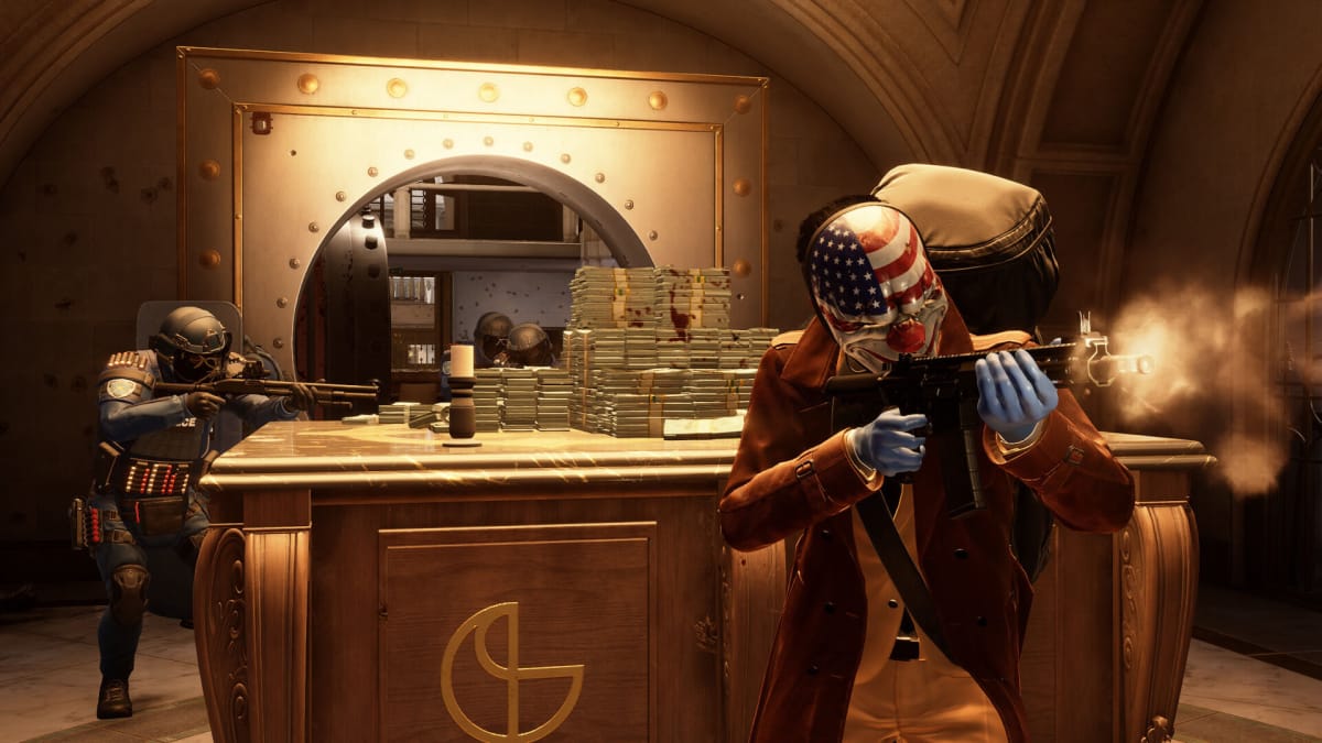 A heister shooting in a bank vault while riot police pour in behind them in Payday 3