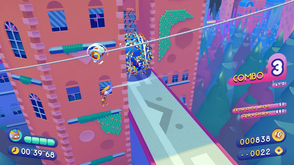 An in-game screenshot of Penny's Big Breakaway, showcasing the main character Penny ziplining through the city while a giant ball of penguins chases after her.