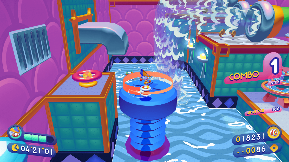 An in-game screenshot of Penny's Big Breakaway, showcasing the main character Penny using her yo-yo to spin on top of a screw to raise its height.