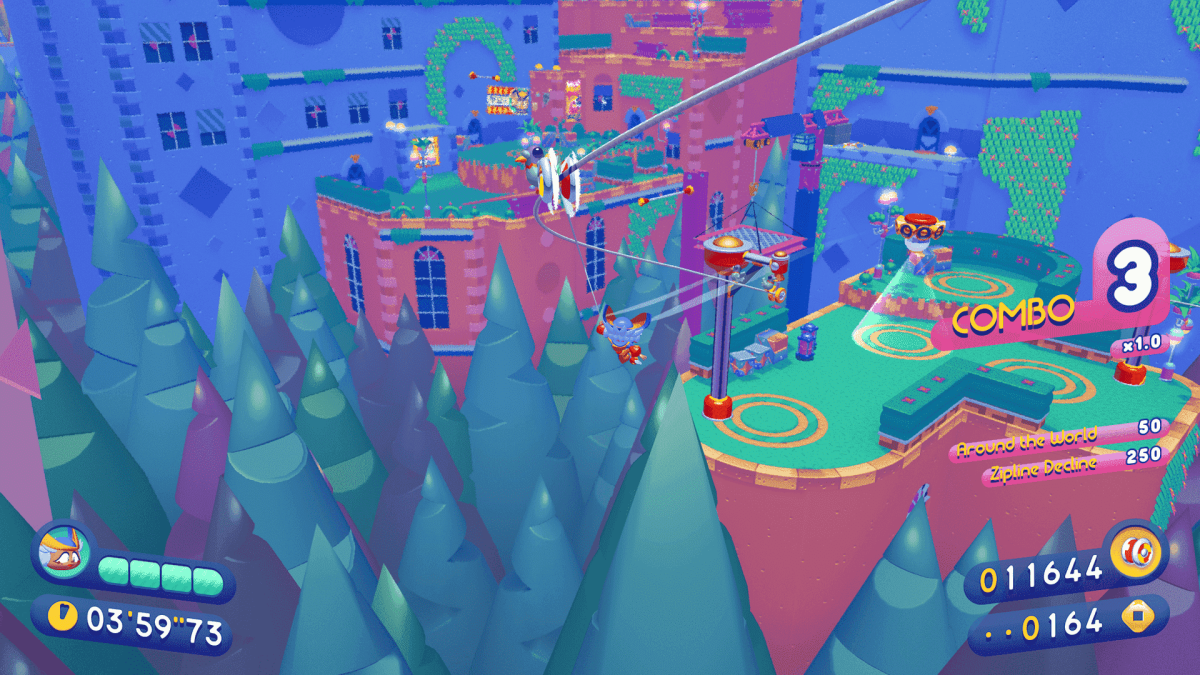 An in-game screenshot of Penny's Big Breakaway, showcasing the main character Penny ziplining through a lush green city.