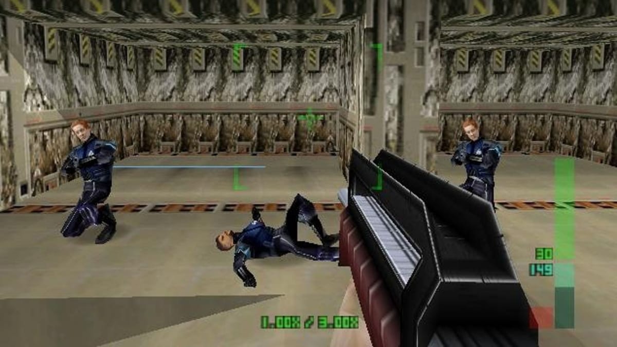 A player can be seen using a gun, shooting enemies