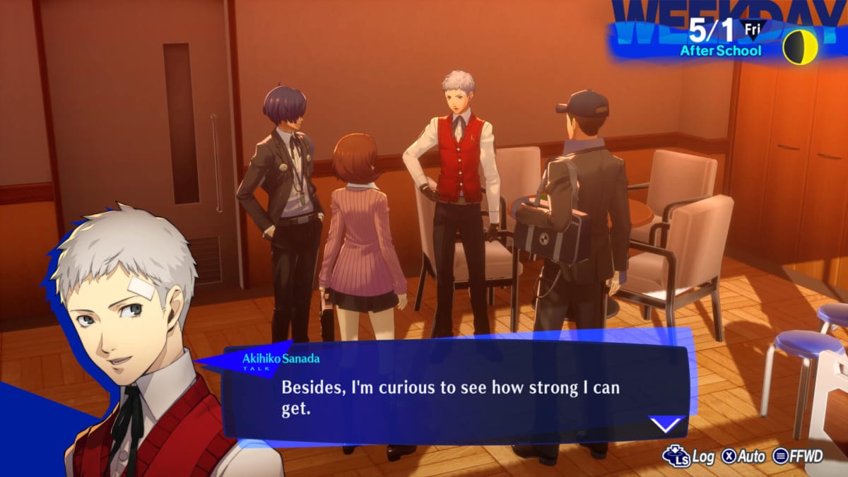 Akihiko saying "Besides, I'm curious to see how strong I can get." to his fellow S.E.E.S. members in Persona 3 Reload, an Atlus game