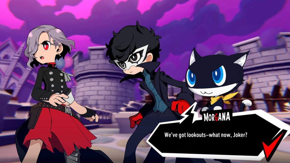 Morgana warning Joker of "lookouts" in the Atlus game Persona 5 Tactica