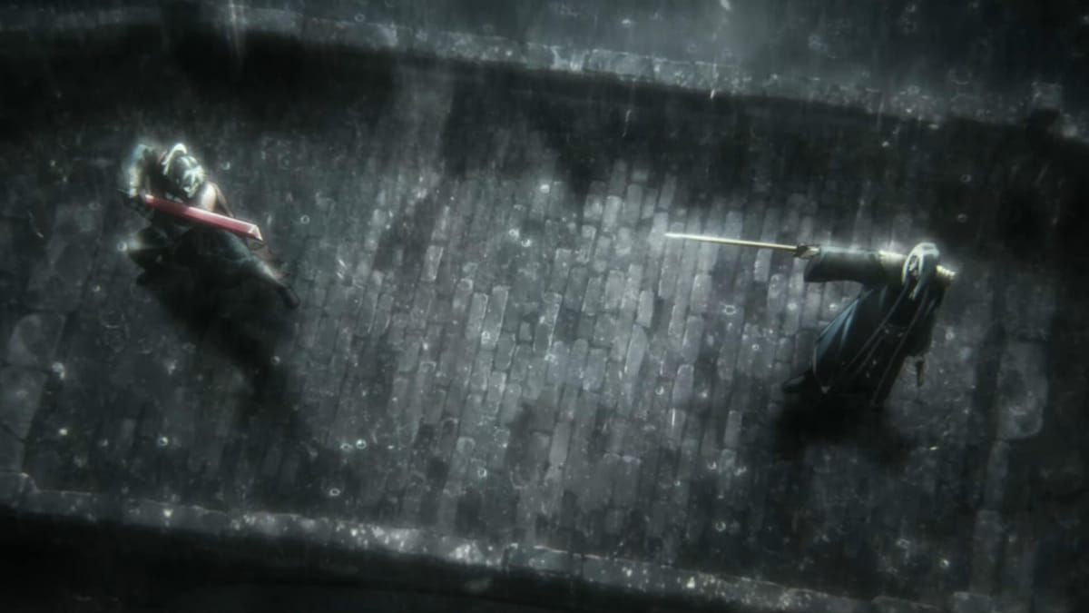 Two figures facing off against one another on a bridge in Phantom Blade Zero