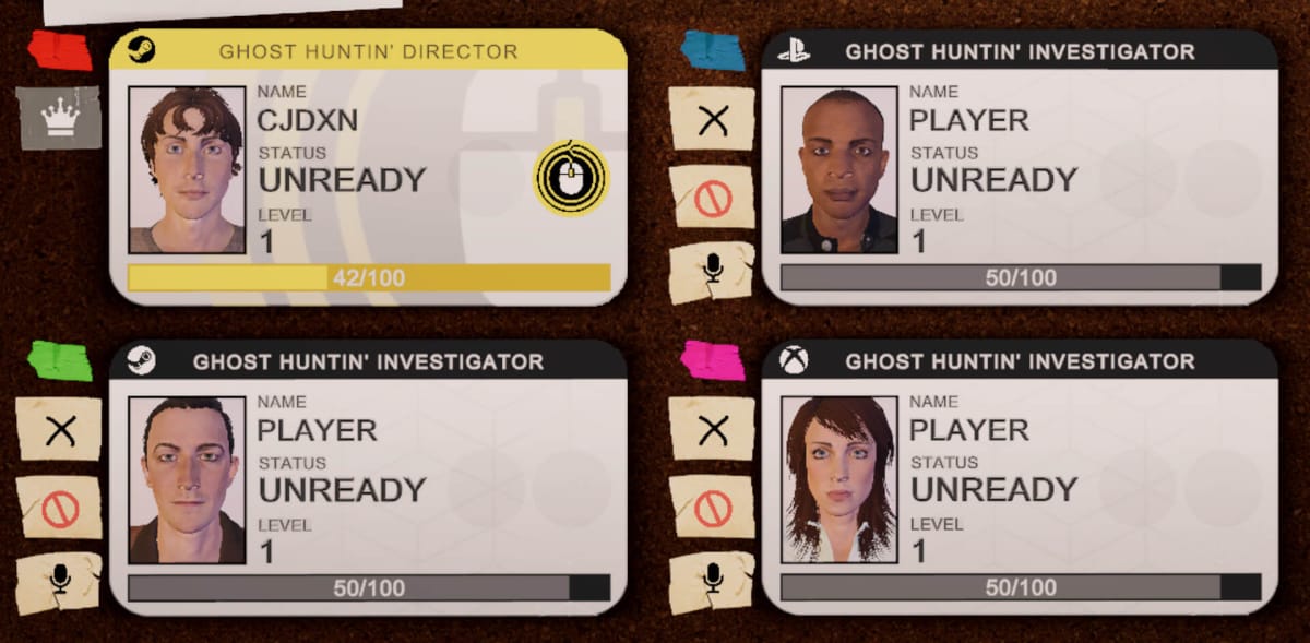 Four of the new ID cards showing players' avatars and platforms in the Phasmophobia Ascension update