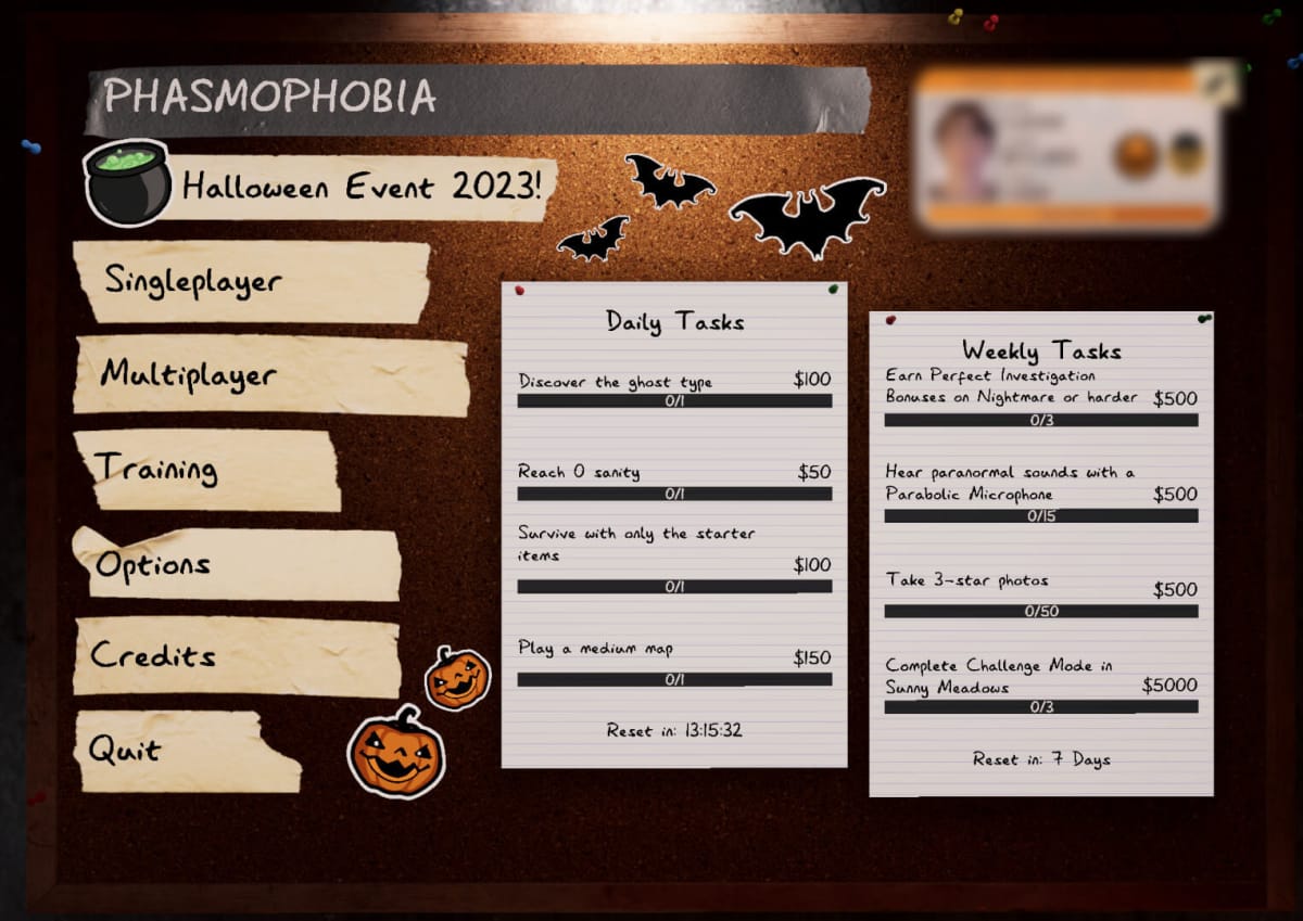 A screen showing various Phasmophobia Halloween challenges, including discovery of ghost type and "reaching 0 sanity"