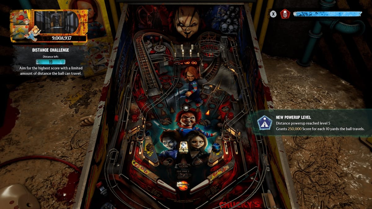 An in-game screenshot of Pinball M, showcasing the table being terrorized by Chucky from the Child's Play series.