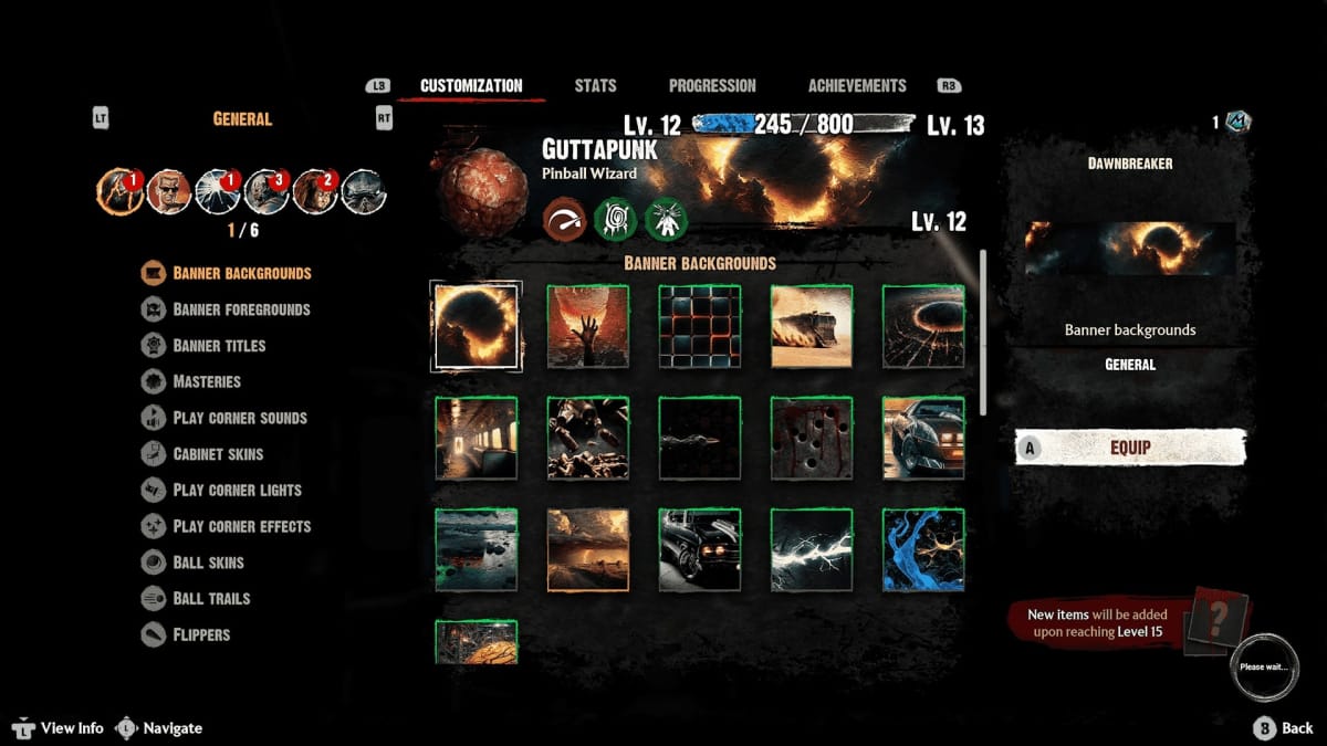 An in-game screenshot of Pinball M, showcasing the customization options available within the game.
