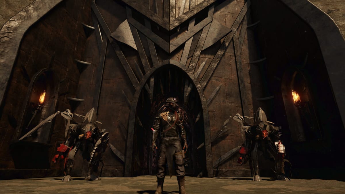 Jax standing in front of massive fortress gates flanked by guards in Elex 2, a Piranha Bytes game