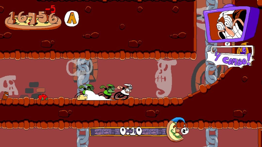 A screenshot from Pizza Tower showing Peppino dashing at high speed through a level. A Clock is visible at the bottom with ten seconds ticking down, as well as a high score counter in the corner.