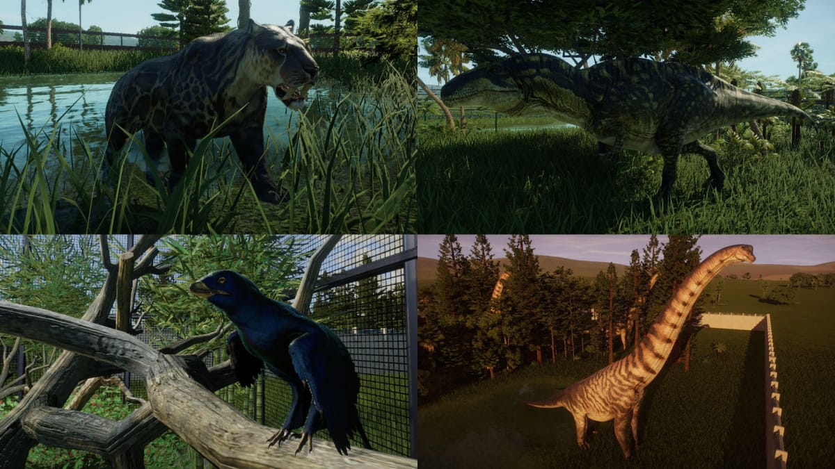 Four animals in Prehistoric Kingdom - the smilodon, acrocanthosaurus, microraptor, and brachiosaurus
