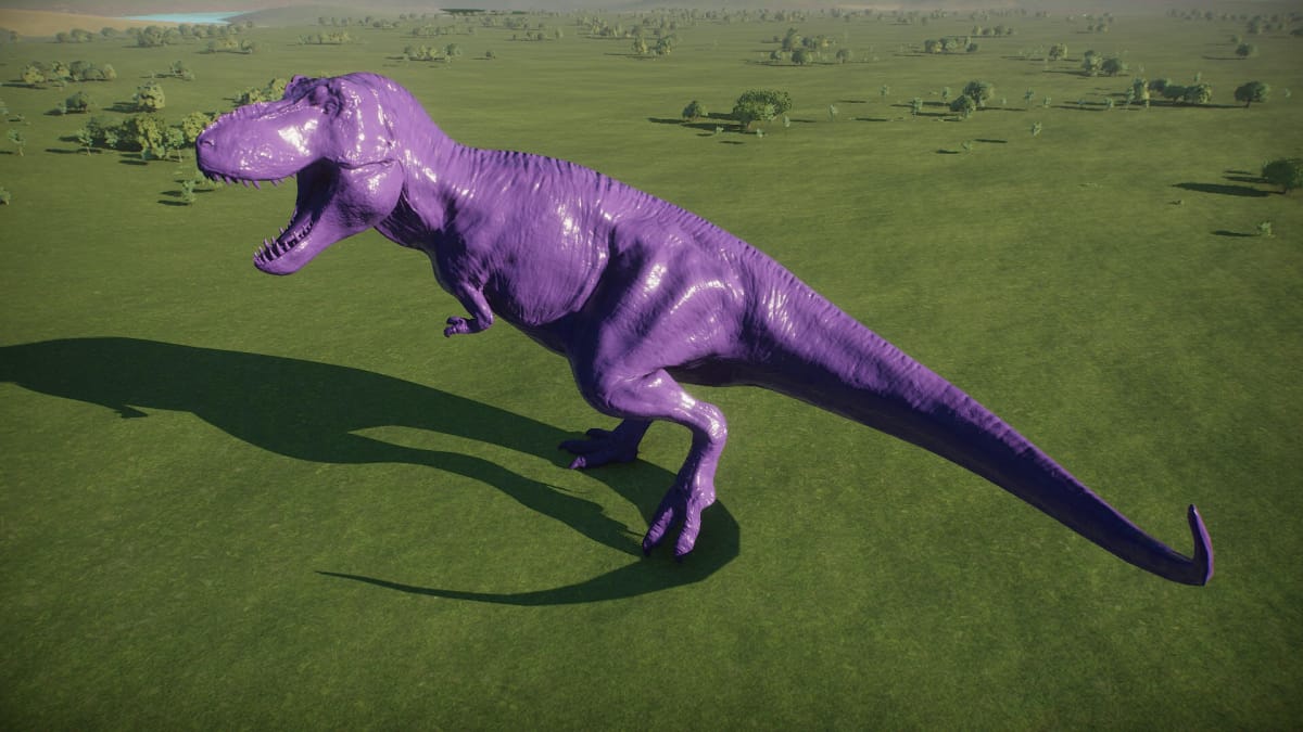 A giant purple T. rex statue in Prehistoric Kingdom