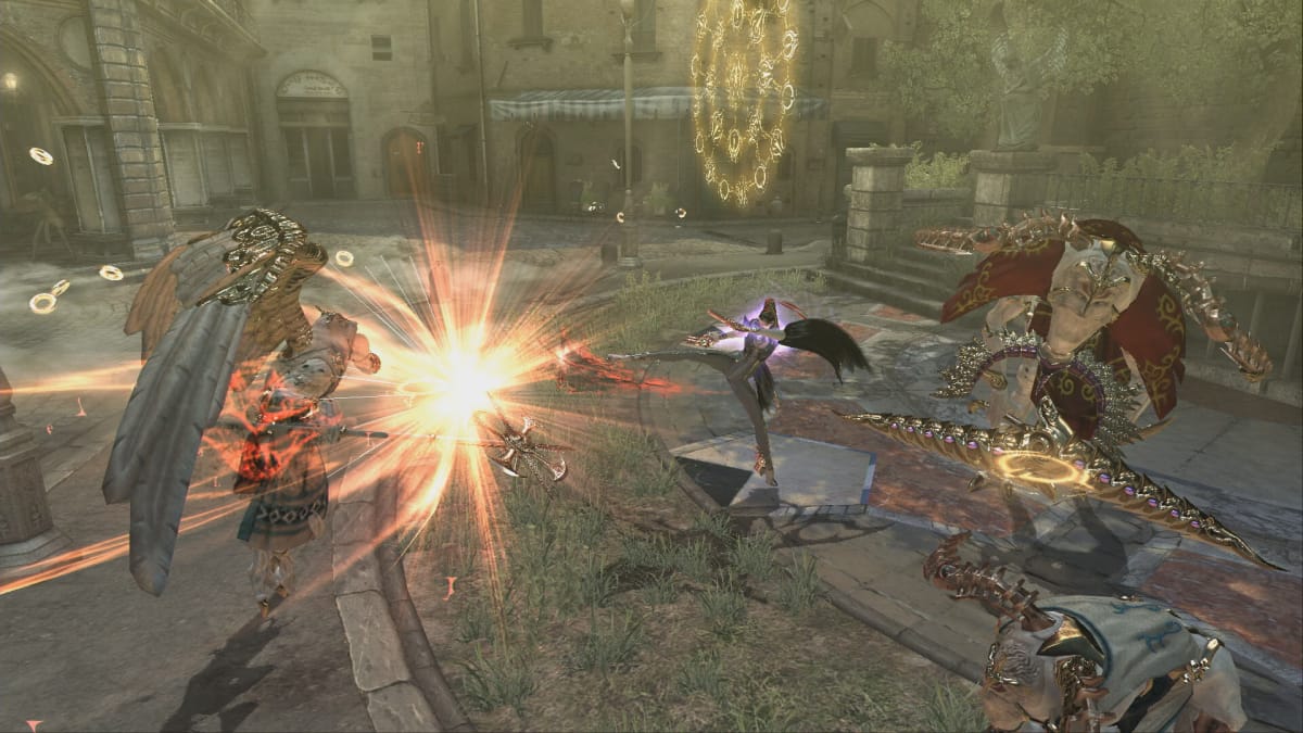 Bayonetta engaging in combat with enemies in the PlatinumGames title Bayonetta, which Hideki Kamiya directed 