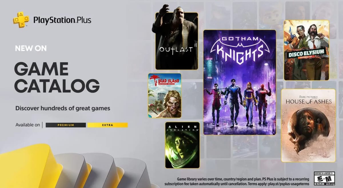 PlayStation Plus New On Game Catalog with pictures of boxart for Outlast, Dead Island, Alien Isolation, Gotham Knights, Disco Elysium and Dark Pictures: House of Ashes
