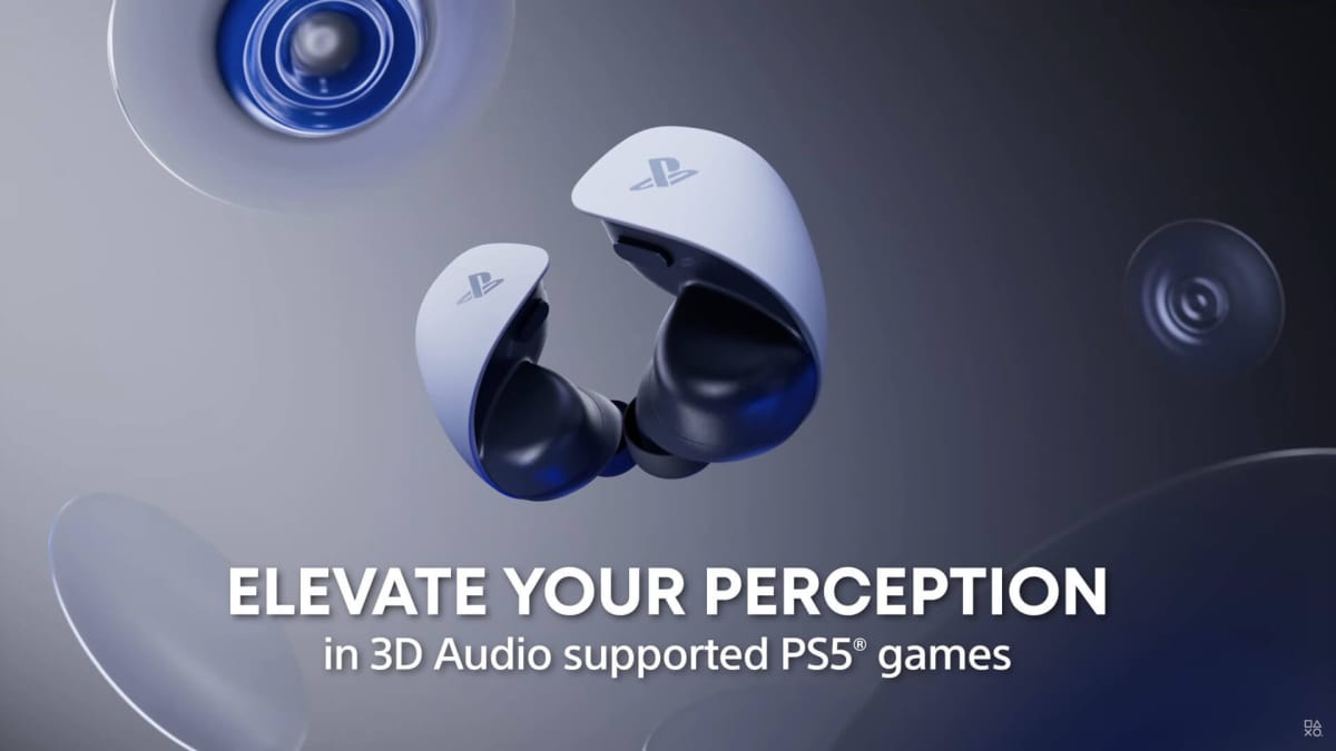 A close-up shot of the PlayStation Pulse Explore earbuds with the text "Elevate Your Perception in 3D Audio supported PS5 games"