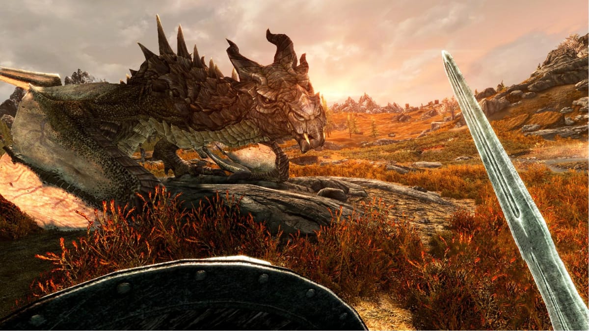 The player can be seen fighting a dragon in a large field