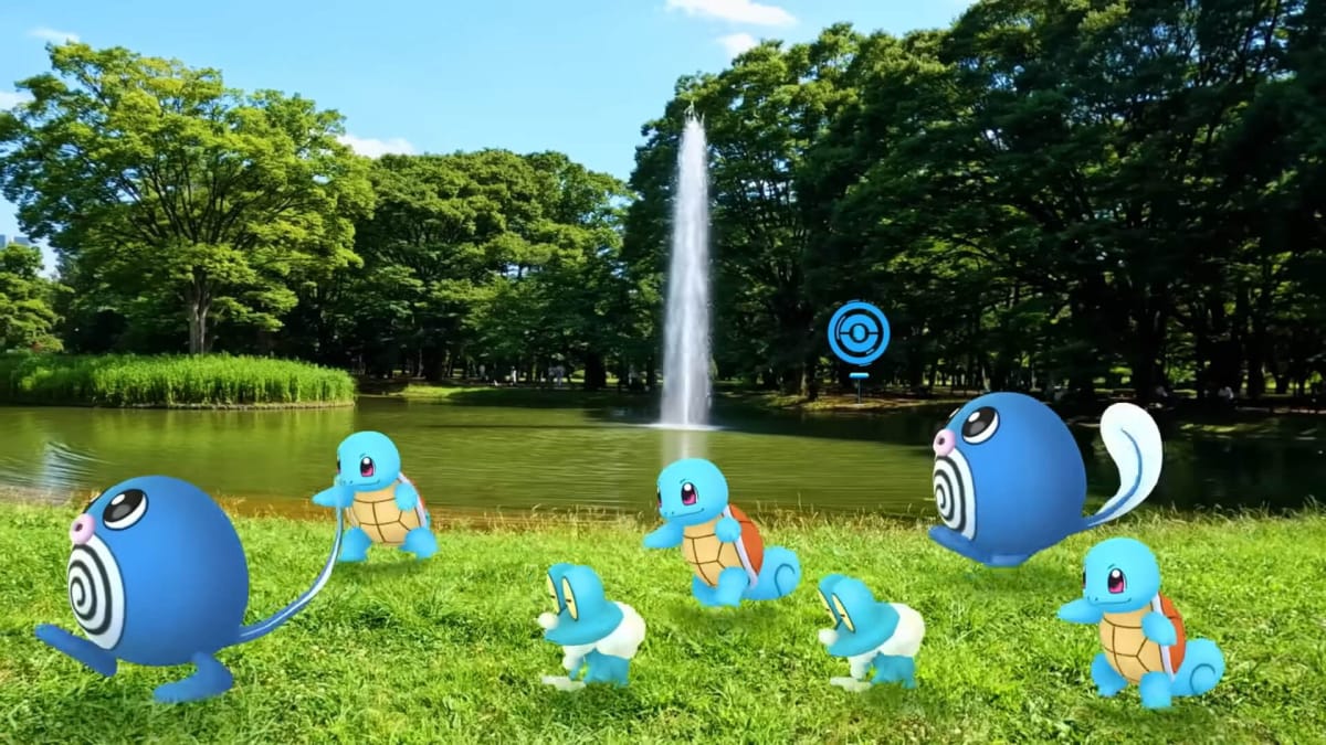 Squirtles and Poliwags walking alongside a body of water in Pokemon Go